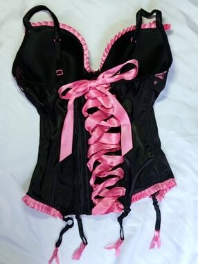 Black and Pink Lace-Up Corset Bustier with Satin Ribbon